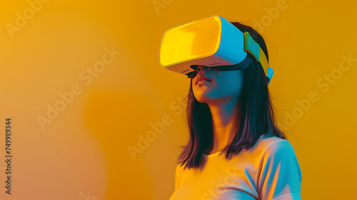 a girl in a Yellow vr headset and Yellow background on the isolated hue background