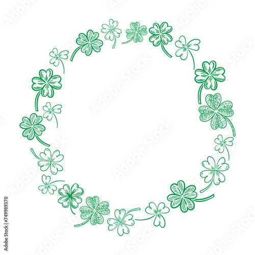 Vector  round illustration of clover leaves  hand-drawn in the style of doodles. St. Patrick s Day. An Irish illustration.
