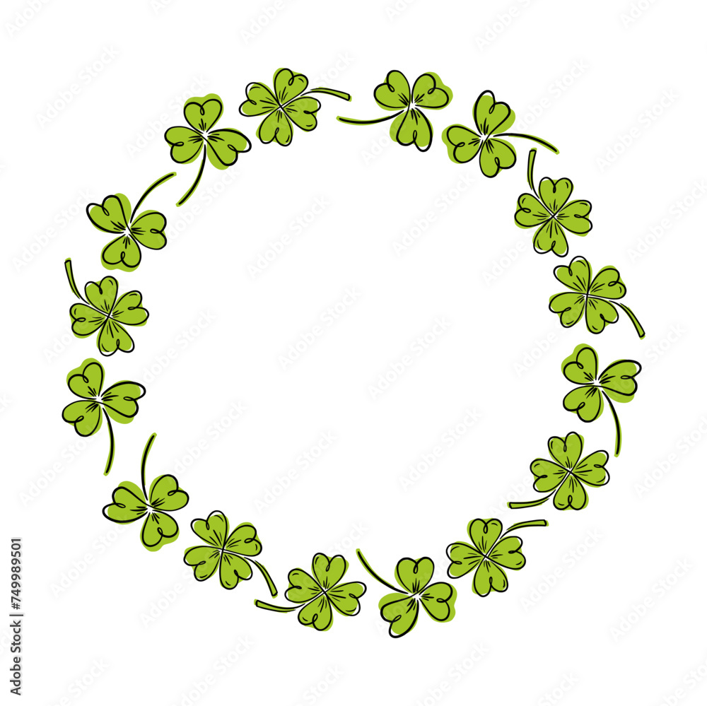 Vector, round illustration of clover leaves, hand-drawn in the style of doodles. St. Patrick's Day. An Irish illustration.