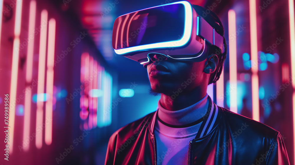 A man wearing vr goggle glasses in neon laboratory.