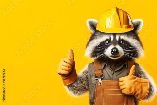raccoon builder showing thumbs up, happy labor day isolated on solid yellow bright background. ai generative