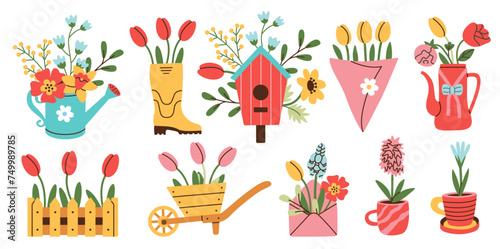 Set of spring hand drawn elements. Floral decor. Flowers, branches, bouquets, watering can, teapot, birdhouse.