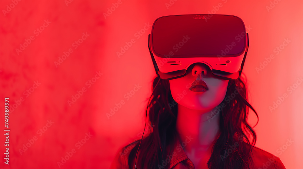 a girl in a red vr headset and red background on the isolated hue background a girl in a red vr headset and red background on the isolated hue background
