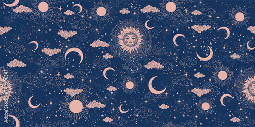 Sun with face, clouds and stars, seamless celestial pattern for fabric, mystical astrology background, horoscope vector ornament. Zodiac banner for text.