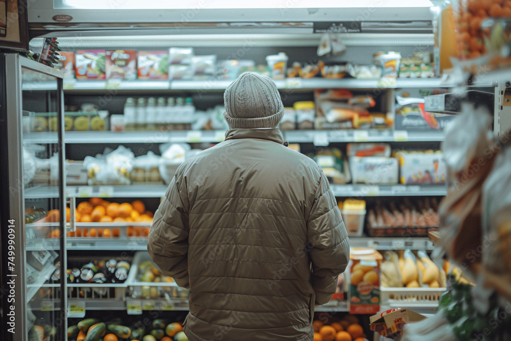 A person wearing a hat and a winter coat seen from behind while shopping at a grocery store