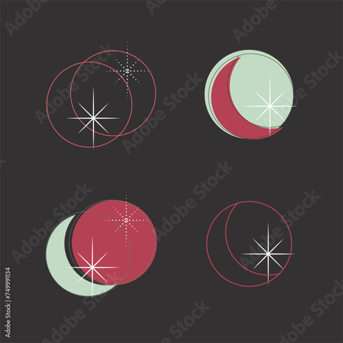 Bohemian Mystical Moons Boho Moon Phases Sun Suns Stars Star and Luna lunar Phases. Spiritual symbol logo icon flat design. Retro colors tarot astronomy astrology ornament. Esoteric decor vintage card