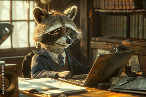 A raccoon dog in a suit and glasses in an office, working on laptop © Sunday Cat Studio