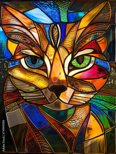 Stained glass of a cat with piercing eyes and majestic demeanor, animal's inherent grace and beauty