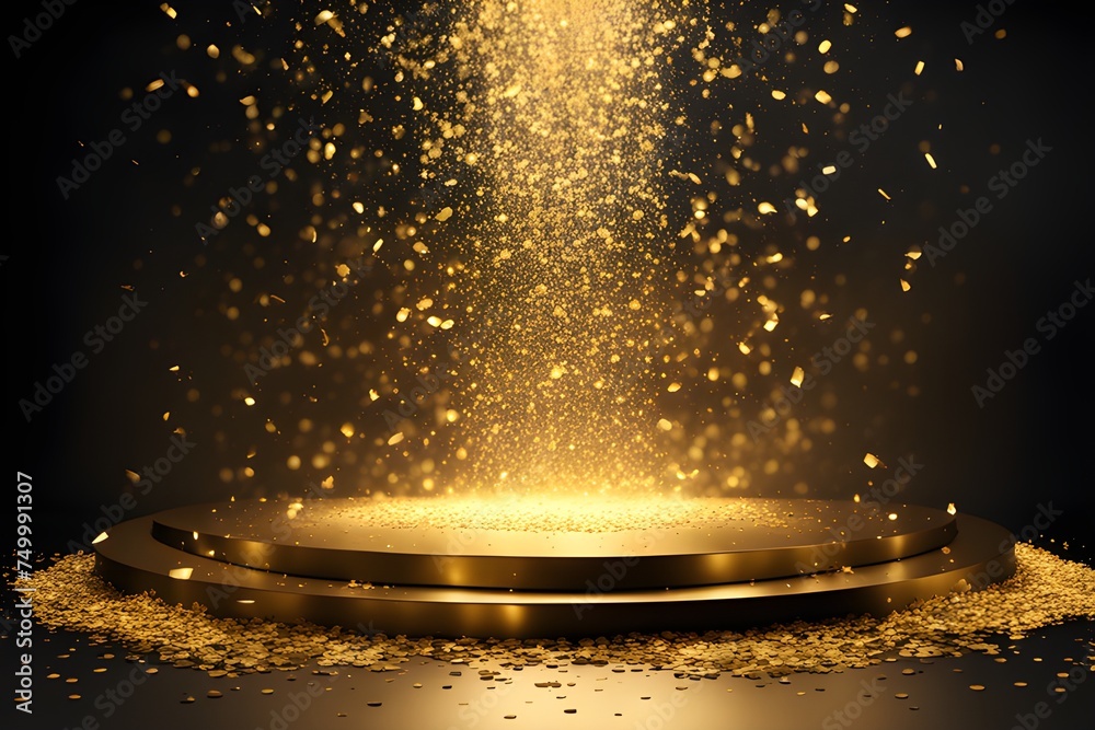 golden confetti shower cascading onto a festive stage - obrazy, fototapety, plakaty 