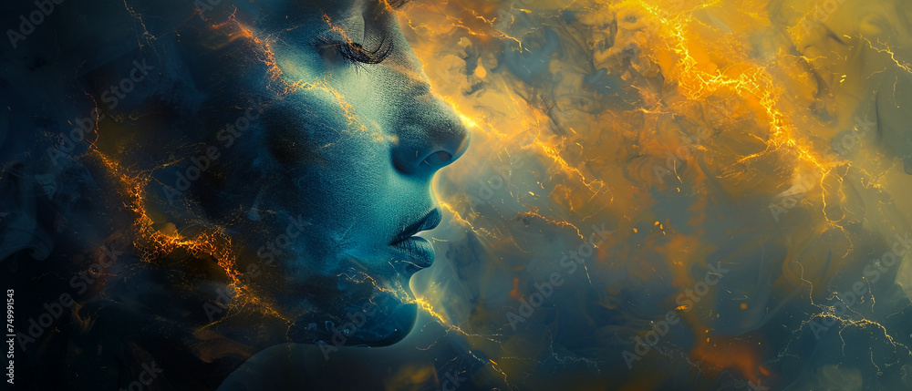Woman's face with abstract fiery grunge texture. Blue yellow orange azure ultra wide gradient premium background. Suitable for design, banner, wallpaper, template, art, creative projects, desktop - obrazy, fototapety, plakaty 