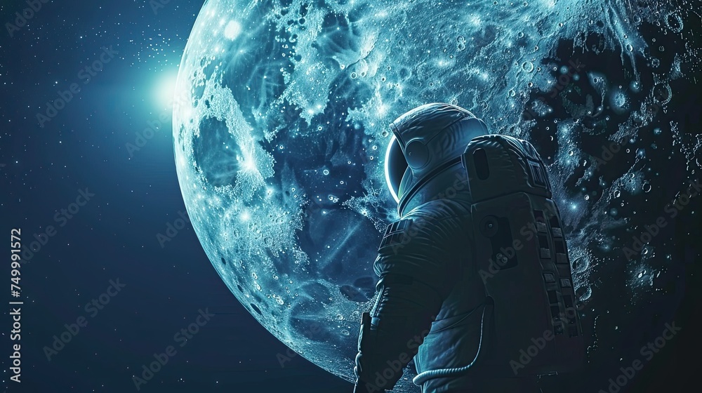 An astronaut is flying and a huge moon