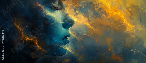 Woman s face with abstract fiery grunge texture. Blue yellow orange azure ultra wide gradient premium background. Suitable for design  banner  wallpaper  template  art  creative projects  desktop