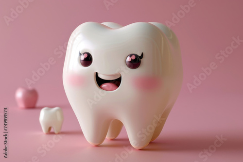 Super kawaii tooth, 3D cartoon happy character, simple cute design