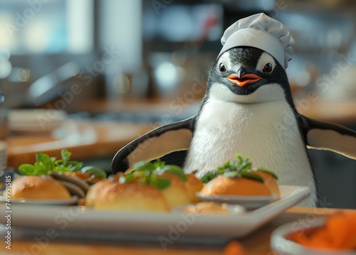 A cute penguin expertly arranging food on a tray for service photo
