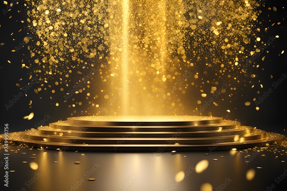 golden confetti shower cascading onto a festive stage - obrazy, fototapety, plakaty 
