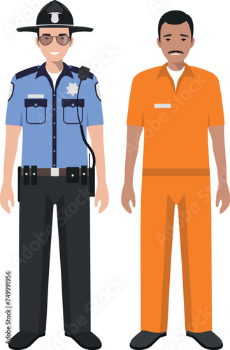 Standing American Policeman Sheriff Officer in Uniform and Hispanic Prisoner Person in Traditional in Prison Clothes Character Icon in Flat Style. Vector Illustration.