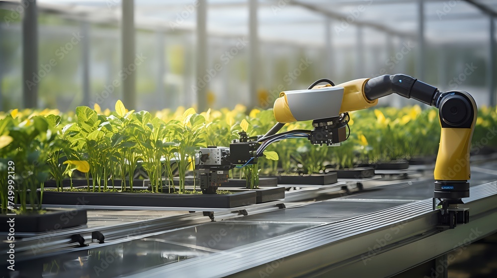  A robotic arm is shown working in a greenhouse, tending to some