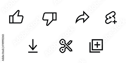 Like, dislike, share, remix, download, clip, and save icon vector in line style. Streaming video channel UI
