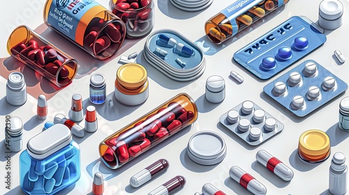 Illustration. arranged medicine bottles on white background.