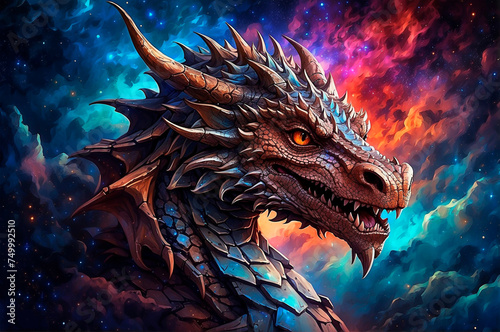 Dragon head on colorful cosmic background. Masterpiece. Cosmic mythical creature.