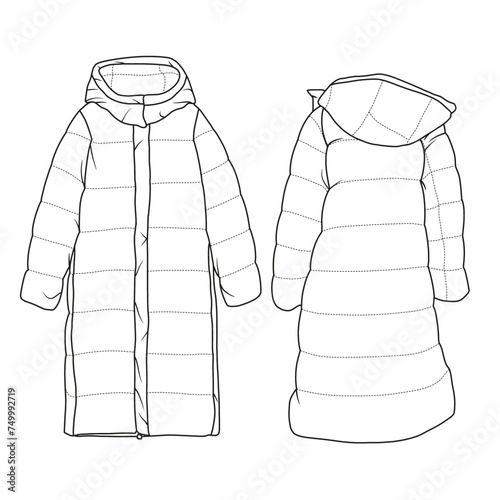 Technical sketch drawing Illustration of Hooded Water Repellent Quilted Jacket line art, suitable for your for coloring book outline vector doodle illustration, front and back view isolated on white