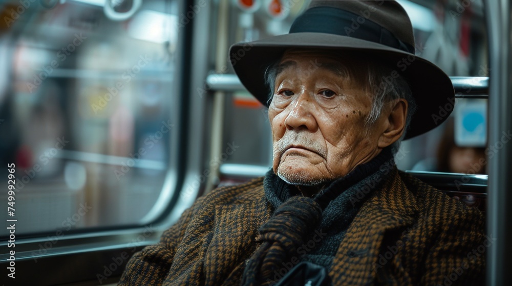 An elderly Japanese man was sitting alone in the subway station. Looking out the window with a sad expression, feeling lonely. An elderly Japanese man was sitting alone in the subway station. Looking out the window with a sad expression, feeling lonely.