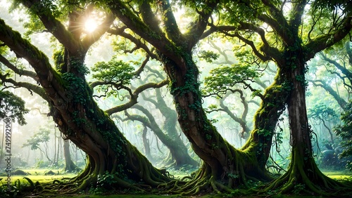 Deep jungle in the morning, big tree, Natural background