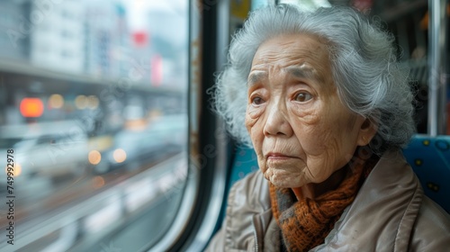 An elderly Japanese woman sits alone in the subway station. Looking out the window with a sad expression, feeling lonely.