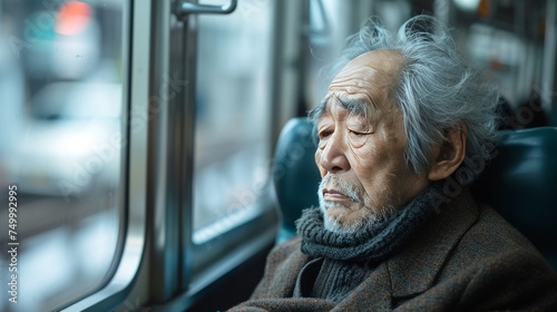 An elderly Japanese man was sitting alone in the subway station. Looking out the window with a sad expression, feeling lonely.