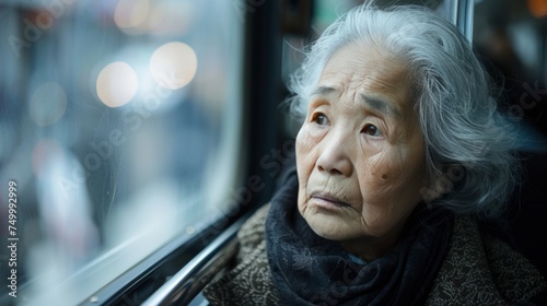 An elderly Japanese woman sits alone in the subway station. Looking out the window with a sad expression, feeling lonely.