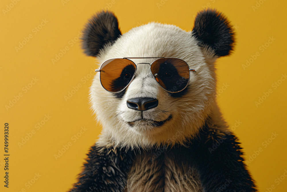A cute panda bear wearing sunglasses in front of a yellow background A cute panda bear wearing sunglasses in front of a yellow background