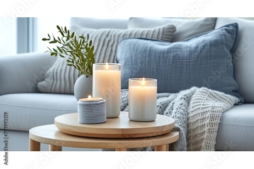 Free photo beautiful interior room design concept in the scandinavian style with dried flowers in a vase and candles.