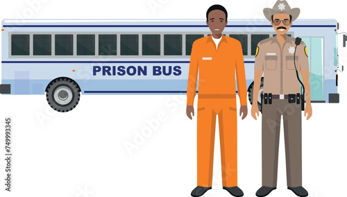 Standing American Policeman Sheriff Officer in Uniform and Prisoner Person in Traditional in Prison Clothes Character Icon in Flat Style. Vector Illustration.