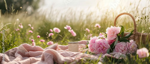 Picnic at blooming peonies meadow.Tablecloth on the grass in a park. Outdoors rest. Breakfast on the nature. Generative ai photo