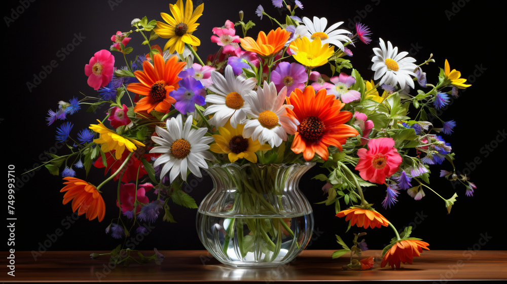 Beautiful bouquet of bright wildflowers in glass