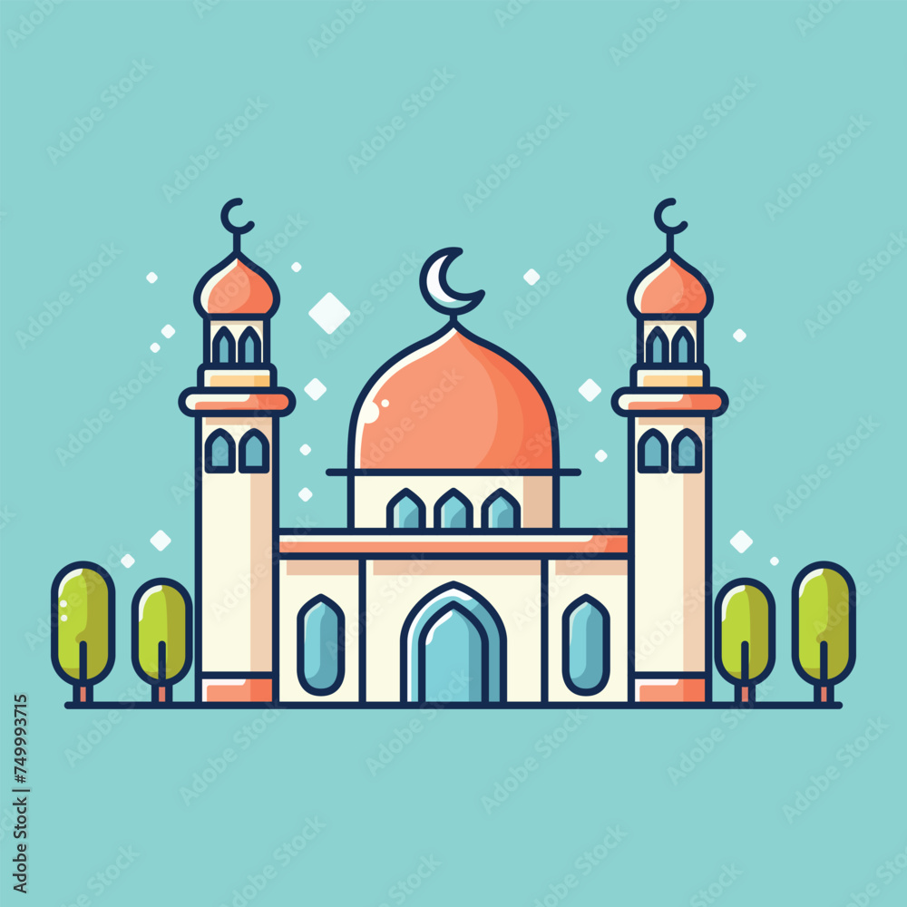 Mosque design on blue sky background vector cartoon illustration