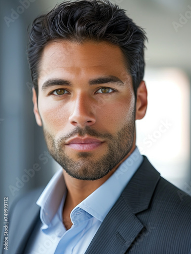 Portrait of a confident Latin male, 36 years old, in professional attire. Close-up Generative AI