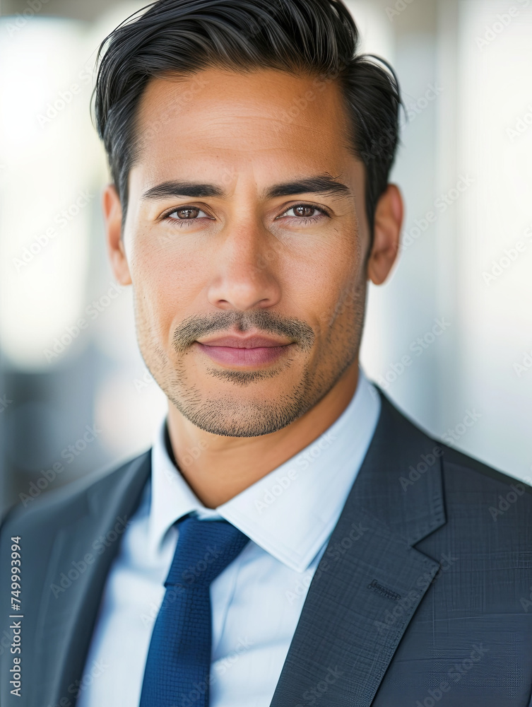 Portrait of a confident Latin male, 36 years old, in professional attire. Close-up shot focusing on a friendly yet assertive expression Generative AI Portrait of a confident Latin male, 36 years old, in professional attire. Close-up shot focusing on a friendly yet assertive expression Generative AI