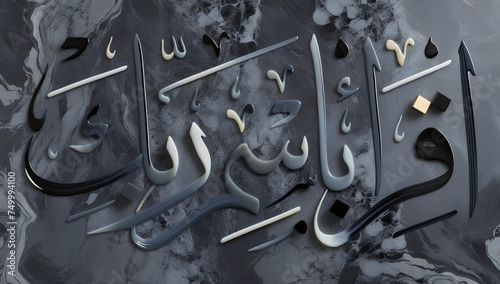 Islamic phrase from Quran, iqra bismi rabbika, Arabic typography, black marble, abstract texture, Islamic calligraphy, ai generative