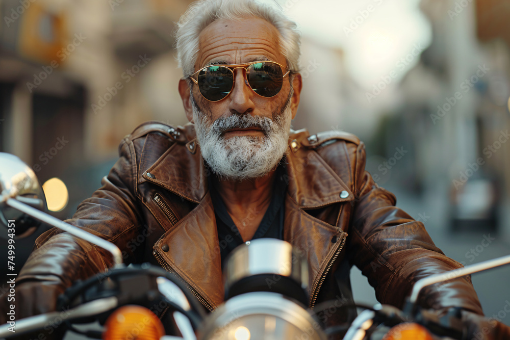 An active senior man driving a motorcycle An active senior man driving a motorcycle