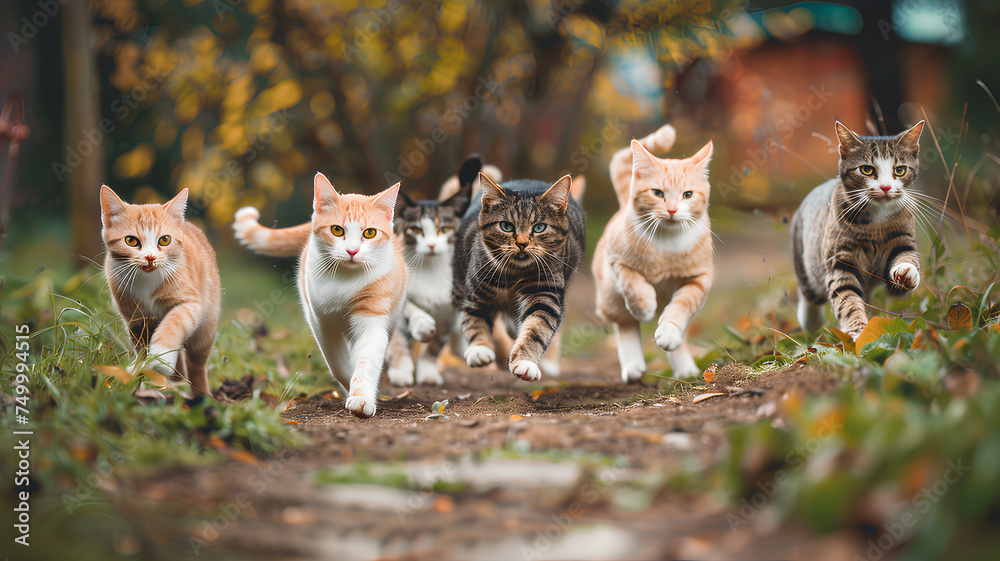 Group of Cats Running Playfully in Nature
. A dynamic scene of multiple cats enjoying a playful run through a sunny field, showcasing their natural agility and grace.
