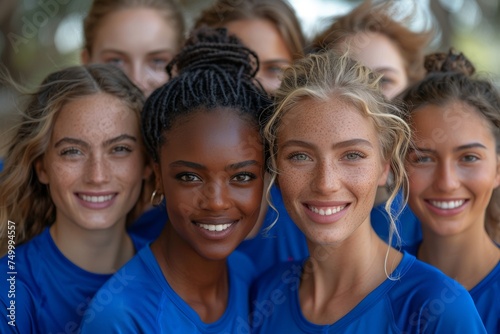 Group portrait of a diverse female volleyball team, emphasizing unity and team spirit with smiles and confident poses