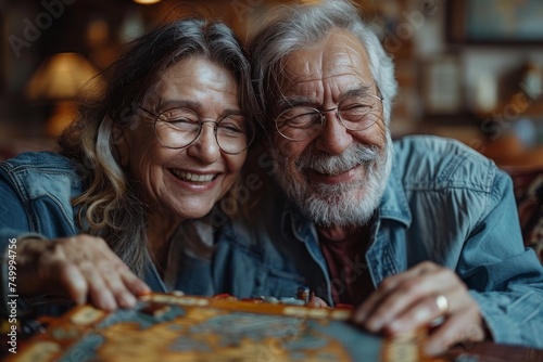 A senior couple shares a joyful and intimate moment, with a board game suggesting their enjoyment of simple pleasures