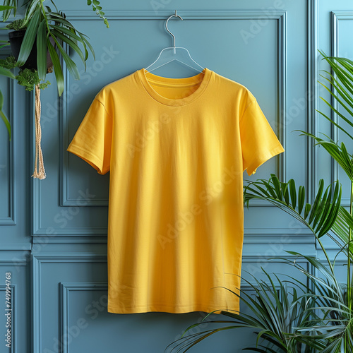 yellow tshirt mockup hanging