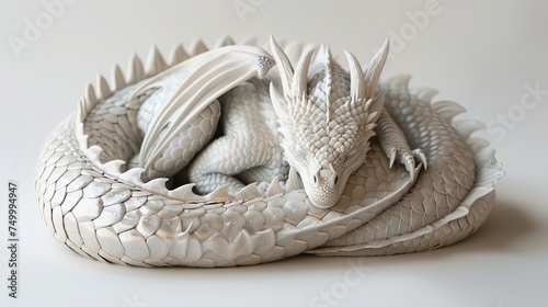 White Dragon Sculpture in Coiled Resting Pose