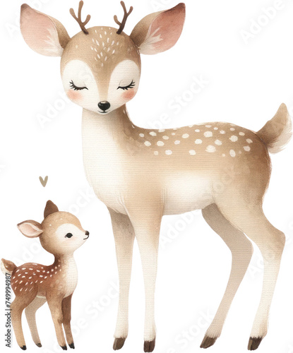 Gentle Doe with Fawn Watercolor Illustration, a watchful doe standing close to her spotted fawn, a picture of grace and maternal watchfulness.