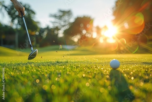 Close-up of a golf club poised to put a ball on a green, highlighting the precision and calm of the sport at dusk