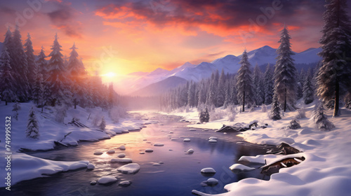 Beautiful winter landscape with sunset