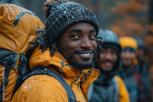 A happy young man with a friendly smile, wearing winter gear, stands among a group of hikers in a snowy autumn forest setting © familymedia