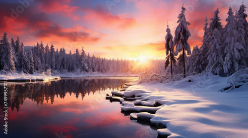 Beautiful winter landscape with sunset